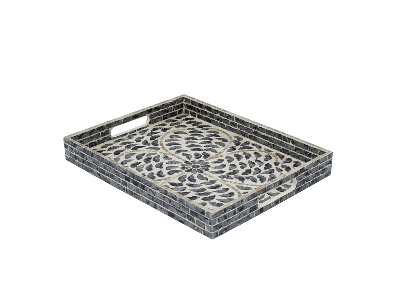 Vassoio decorativo effetto mosaico madreperla, in mdf e conchiglie stile etnico, nero e avorio - 38x30x4,5cm - Plà thea