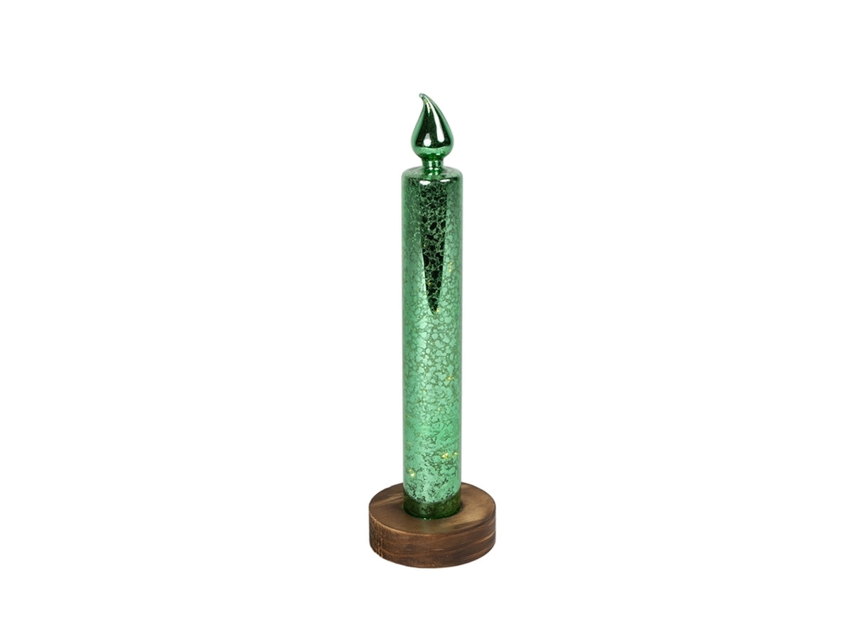Candela in vetro d.8x30cm con base e led-verde