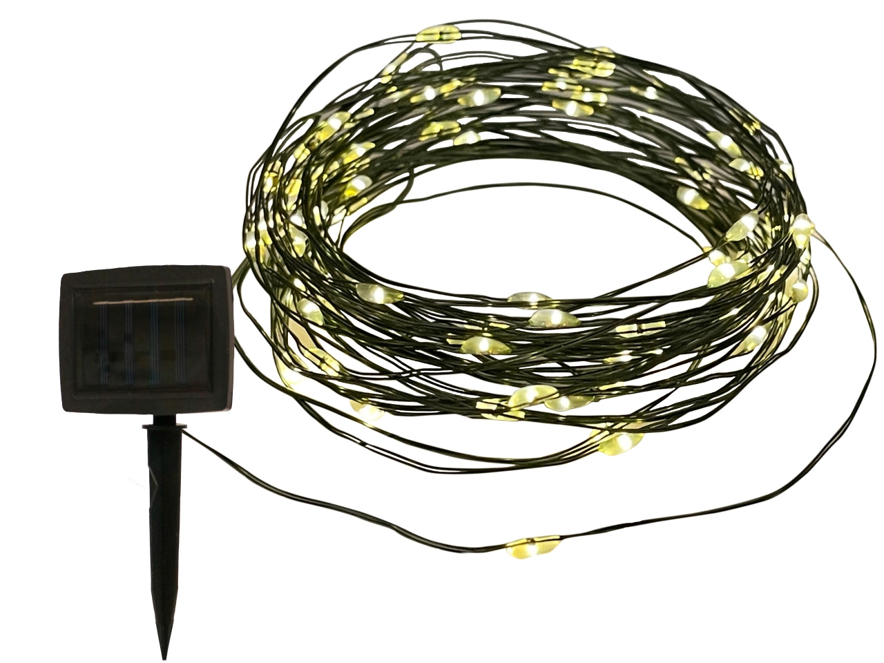 Catena luminosa miniled bianco caldo con pannello solare su filo di rame verde modellabile, 20 m - Giocoplast