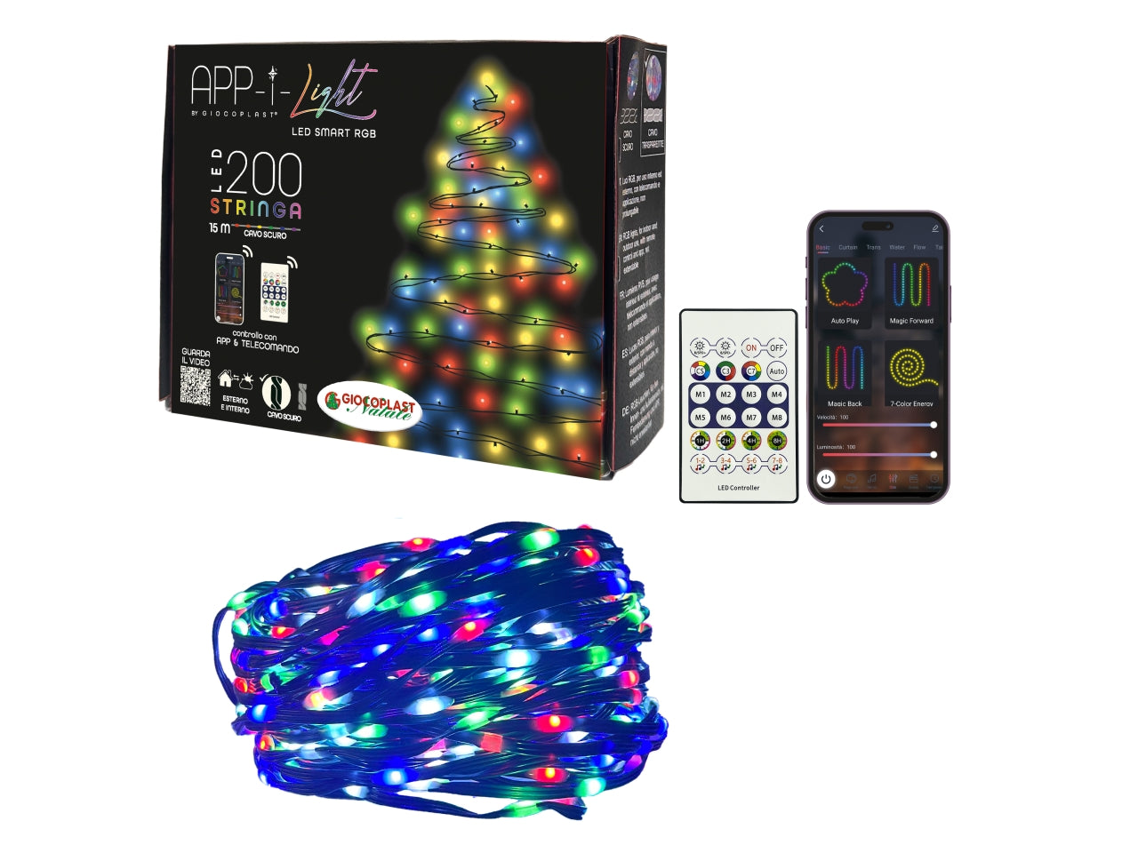 Catena luci 200 led app-i light smart rgb, con telecomando e app, 15 metri, cavo scuro, trasformatore ip44, uso esterno/interno