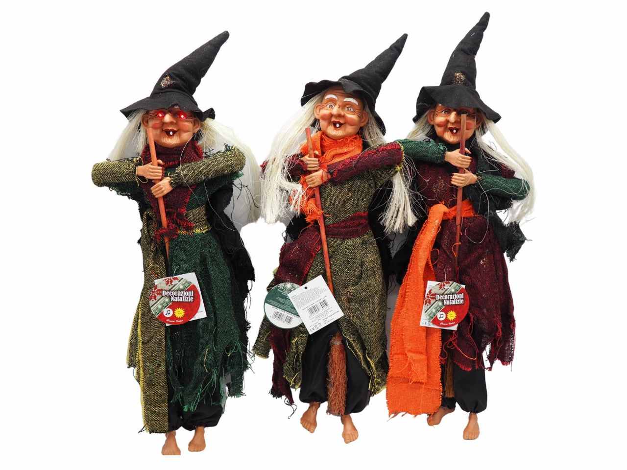 Befana misura 40cm con scopa, musica e luce da appendere in 3 colori assortiti