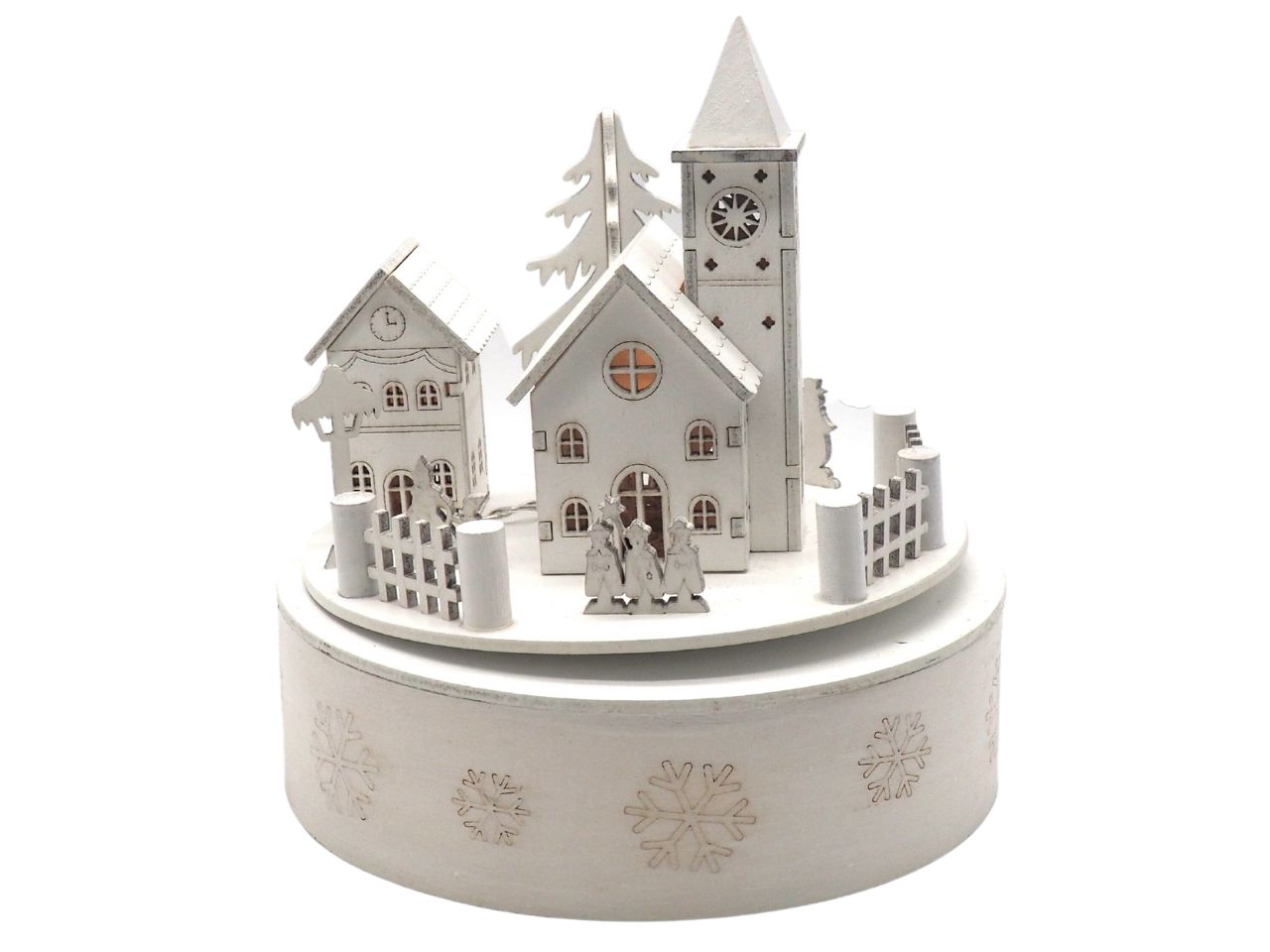 Carillion con paesaggio natalizio in legno bianco luci h.17,5/d.16cm