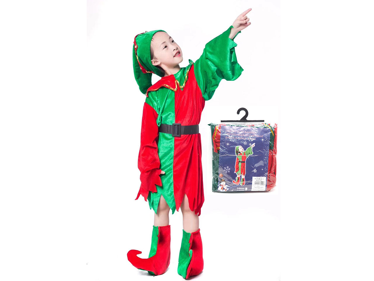 Vestito da elfo per bambina con vestito, scarpe e cappello in 2 assortimenti taglia 3-6 anni e 6-8 anni