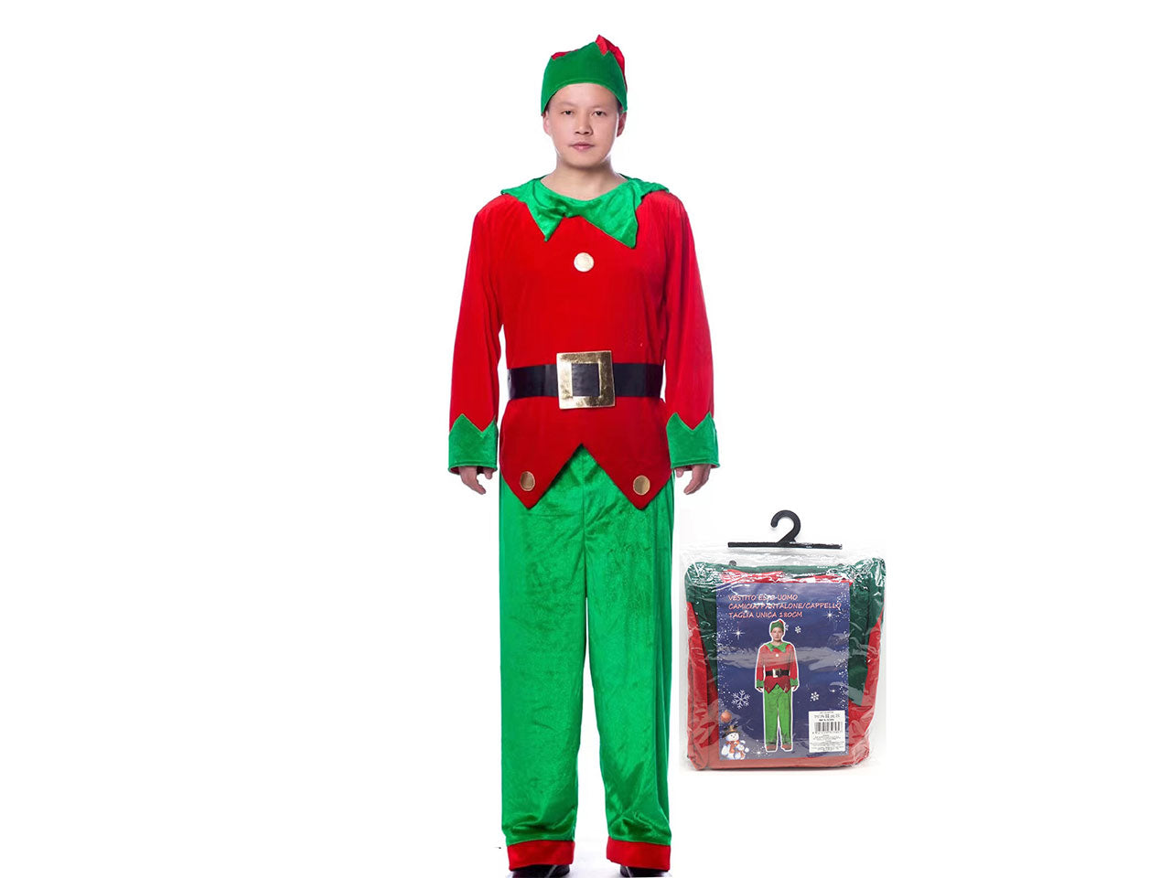 Vestito da elfo per uomo con camicia, pantalone e cappello taglia unica misura 180cm