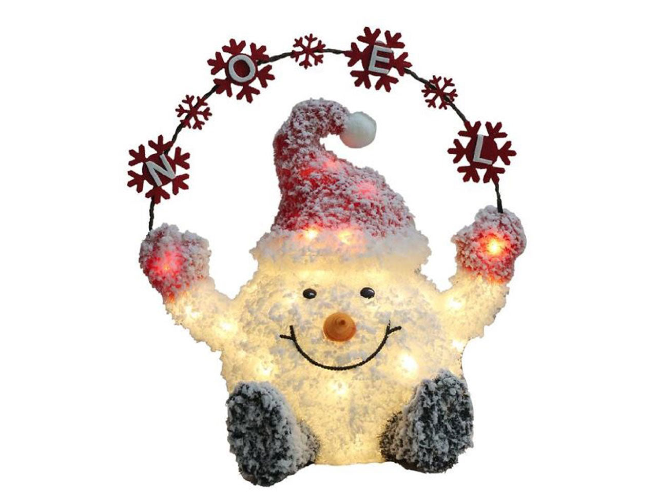 Pupazzo di neve seduto misura h.55cm in tinsel con 25 luci led calde