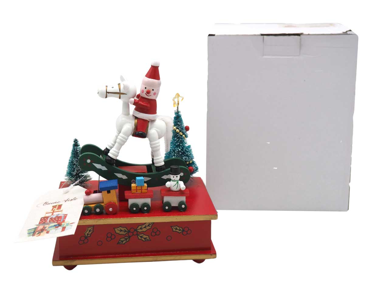 Carillon natalizio in legno con babbo natale e cavallino a dondolo rosso 17,5x13,6x10 cm - Creare Italia