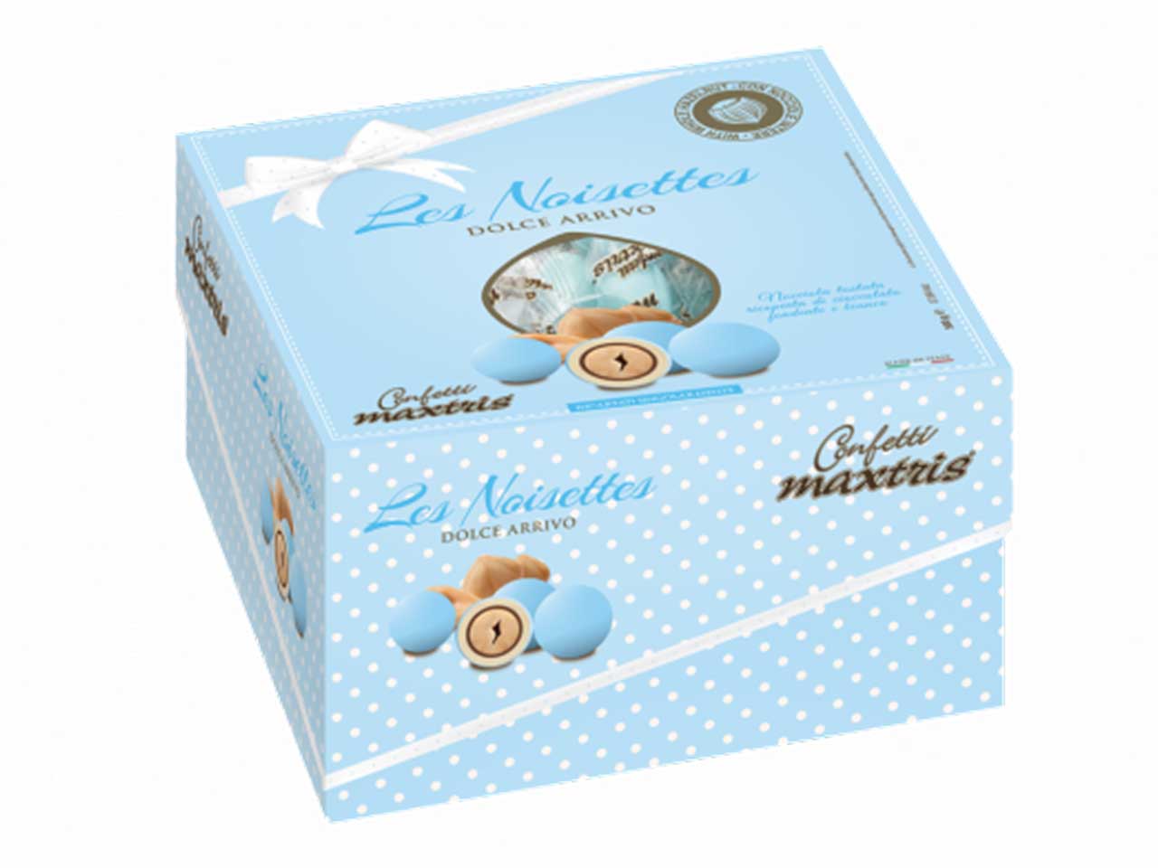 Confetti Maxtris Dolce Arrivo Celeste ricoperti di cioccolato fondente e bianco per nascita e battesimo bimbo - Les Noisettes - 500gr