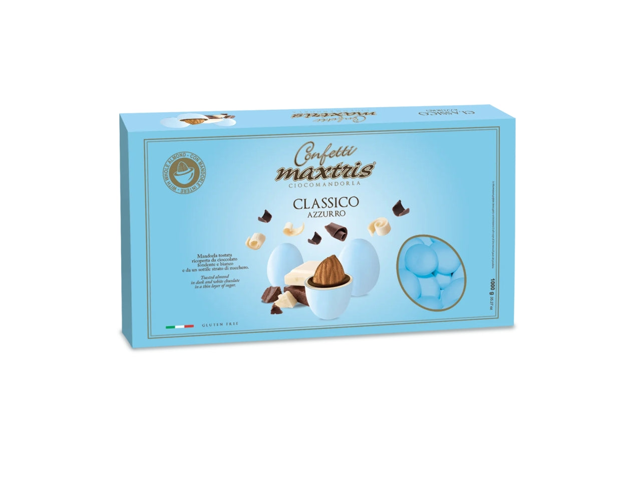 Confetti Maxtris Classico Celeste ricoperti da cioccolato fondente e bianco per bombinere da nascita e battesimo bimbo - 1kg