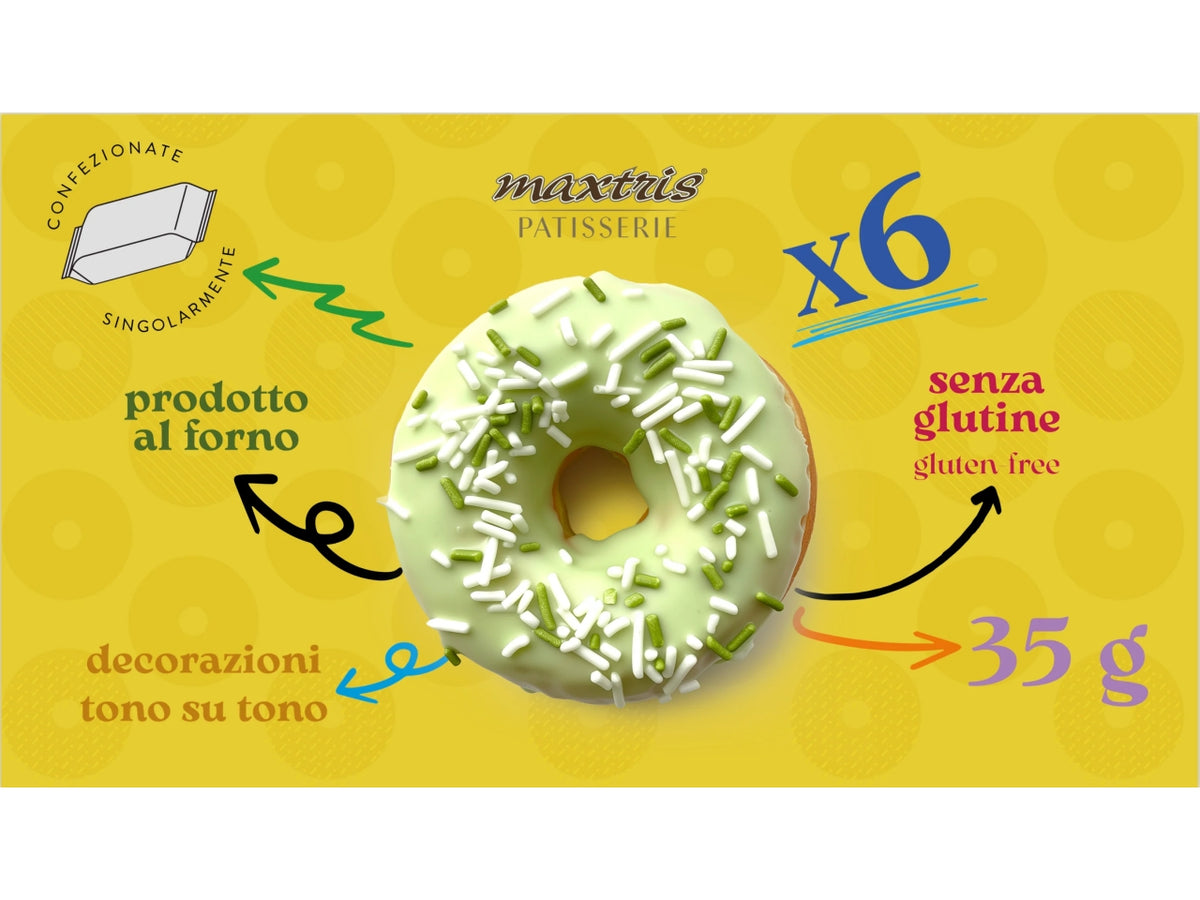 Donuts ciambelle al pistacchio senza glutine, in scatola da 6 pezzi confezionati singolarmente - Maxtris