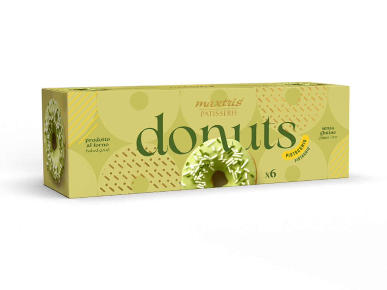 Donuts ciambelle al pistacchio senza glutine, in scatola da 6 pezzi confezionati singolarmente - Maxtris