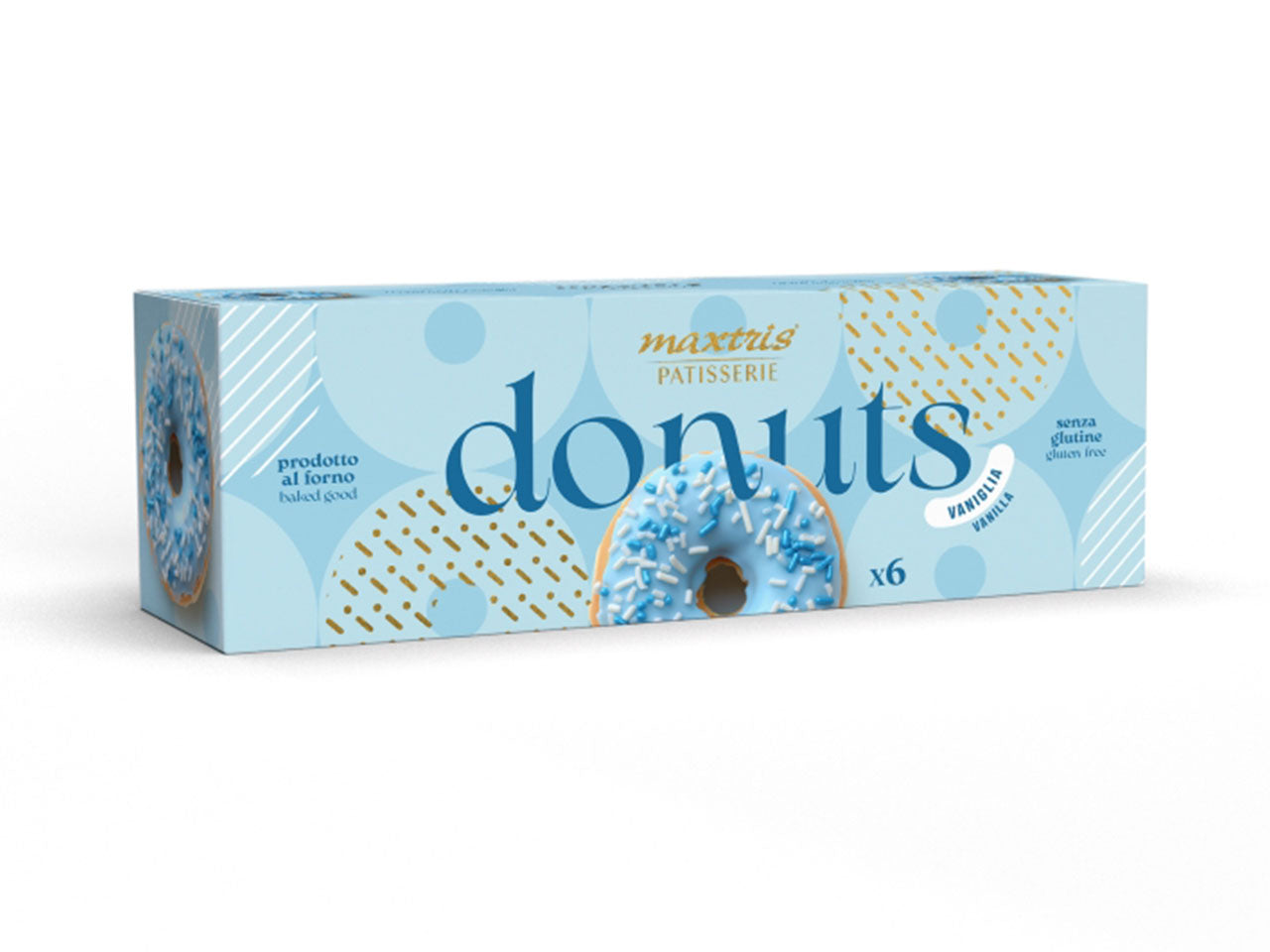 Donuts ciambelle alla vaniglia senza glutine, in scatola da 6 pezzi confezionati singolarmente - Maxtris