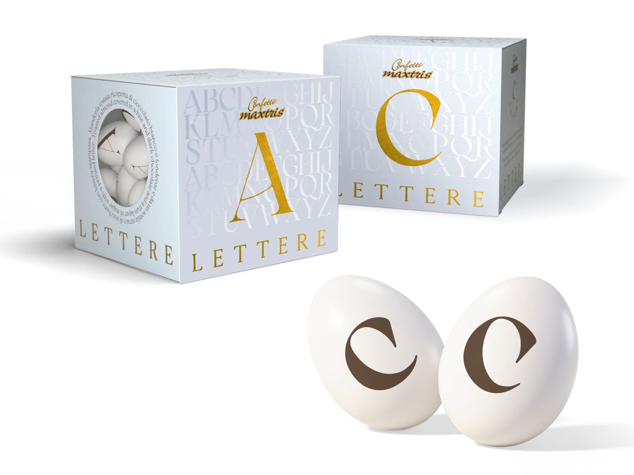 Confetti Lettere cioccomandorla bianchi, lettera C, scatola da 200g - Maxtris