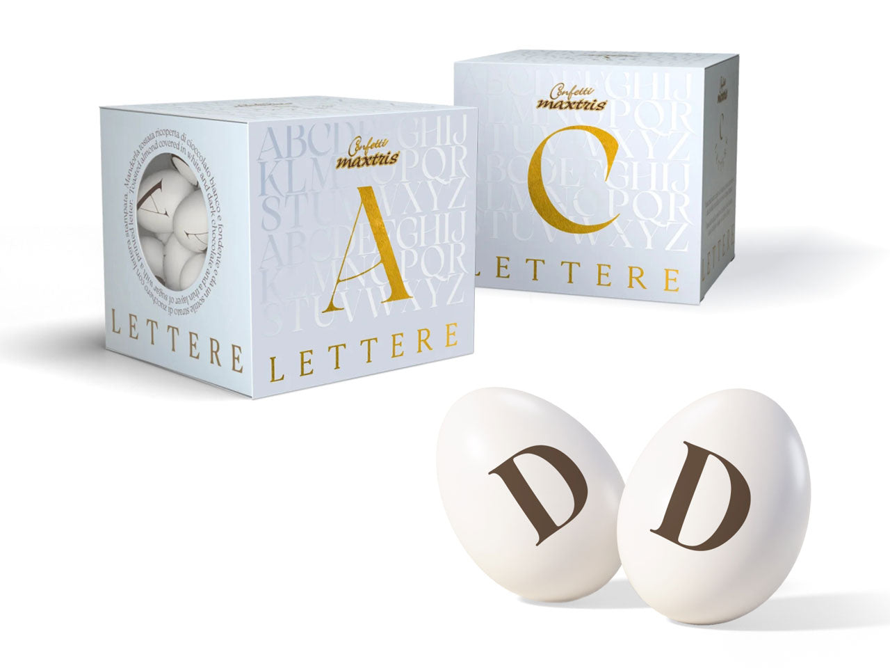 Confetti Lettere cioccomandorla bianchi, lettera D, scatola da 200g - Maxtris