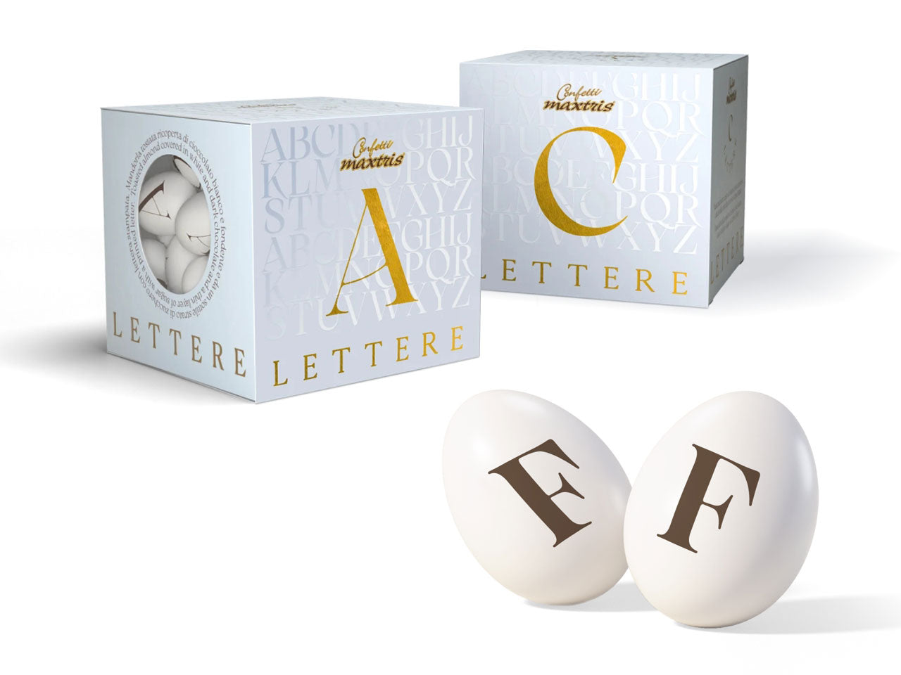 Confetti Lettere cioccomandorla bianchi, lettera F, scatola da 200g - Maxtris