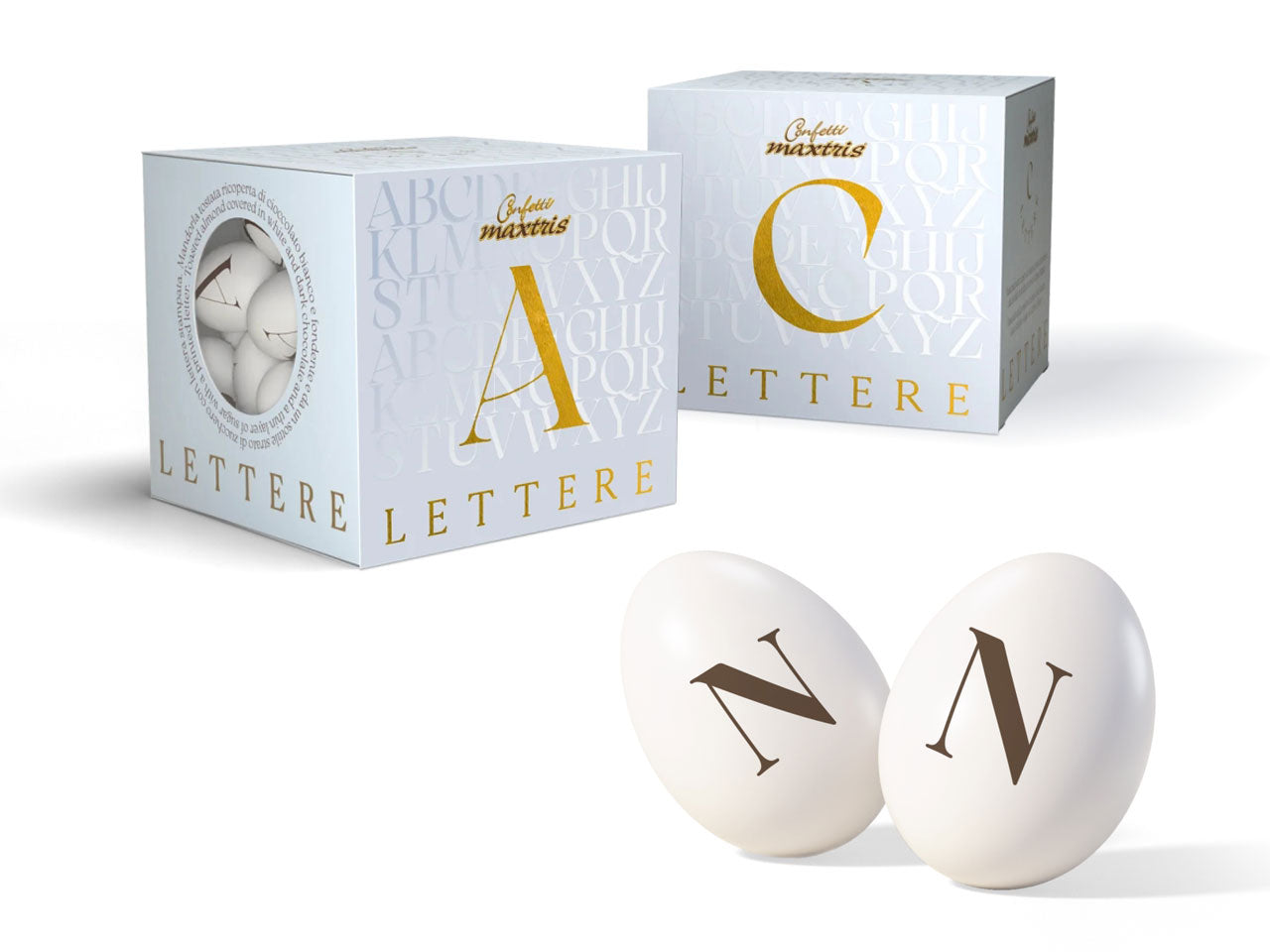 Confetti Lettere cioccomandorla bianchi, lettera N, scatola da 200g - Maxtris