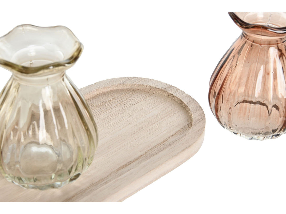 Vaso decorativo boho in paulownia e vetro multicolor, set da 3 vasetti e 1 vassoio, 25x10.5x11 cm - Item