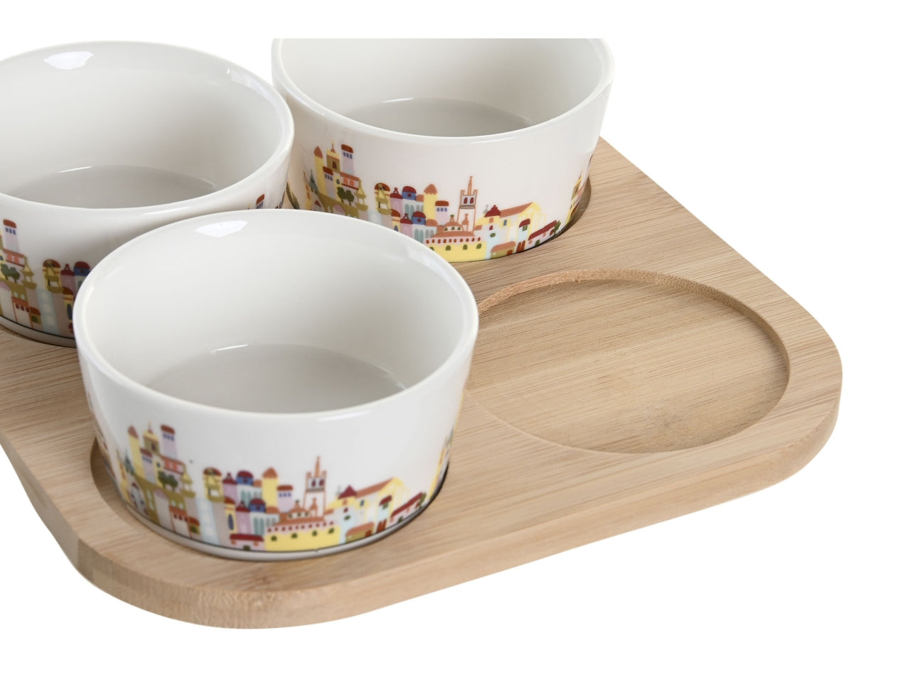 Ciotole per aperitivo in gres porcellana e bambù multicolor in stile contemporaneo, vassoio con 4 ciotole - Item