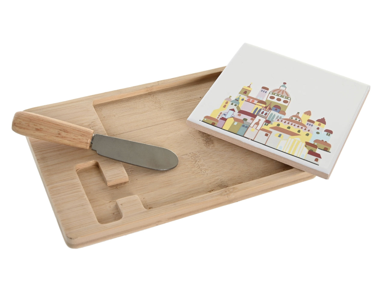 Vassoio aperitivo rettangolare in bambù e ceramica multicolor contemporaneo 21.5x11.8x1.5 cm - Item