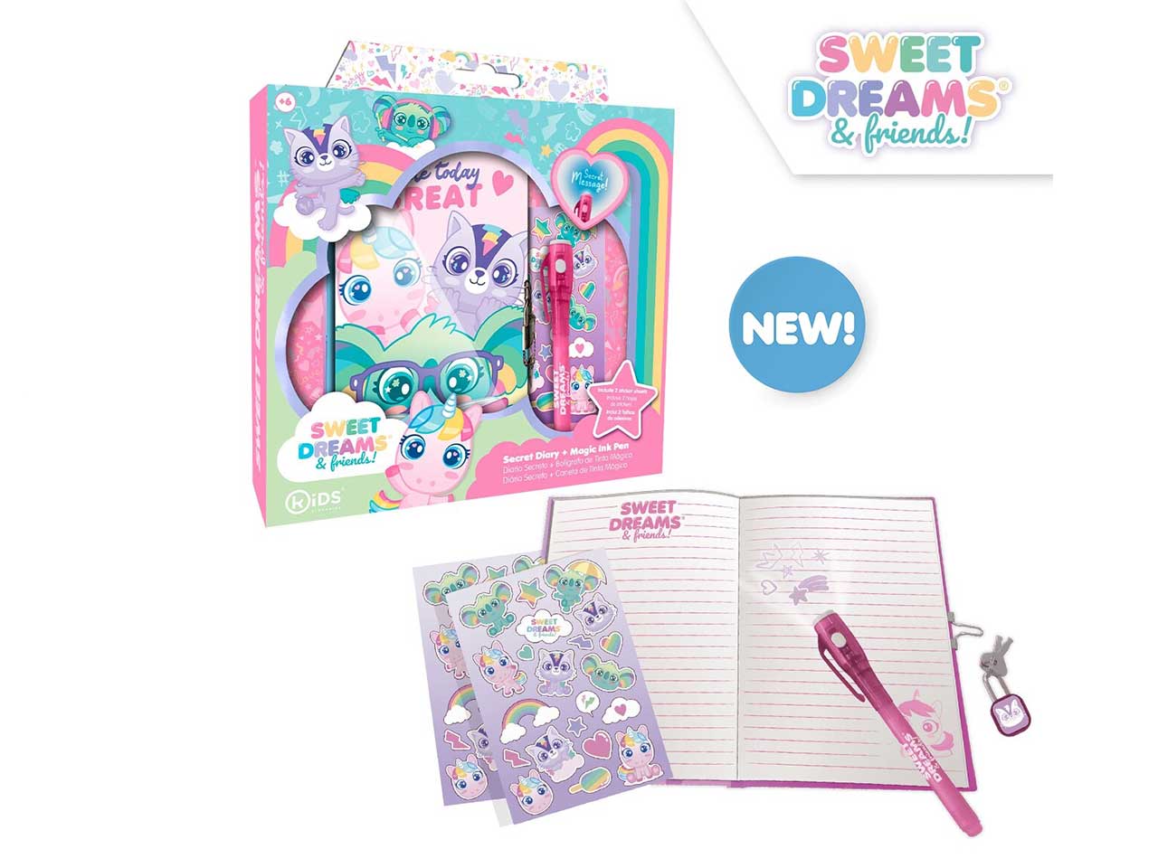 Diario segreto unicorni, con lucchetto, stickers e penna magica e luce rilevatore, 12x18 cm - Sweet Dreams