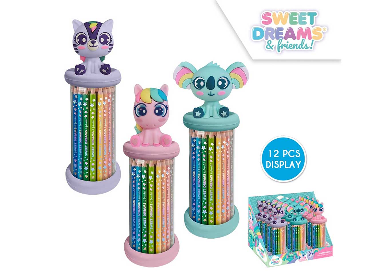 Kit colori unicorno con 12 matite colorate chiusura a tappo 3D 24,5x5,5 cm - Sweet Dreams