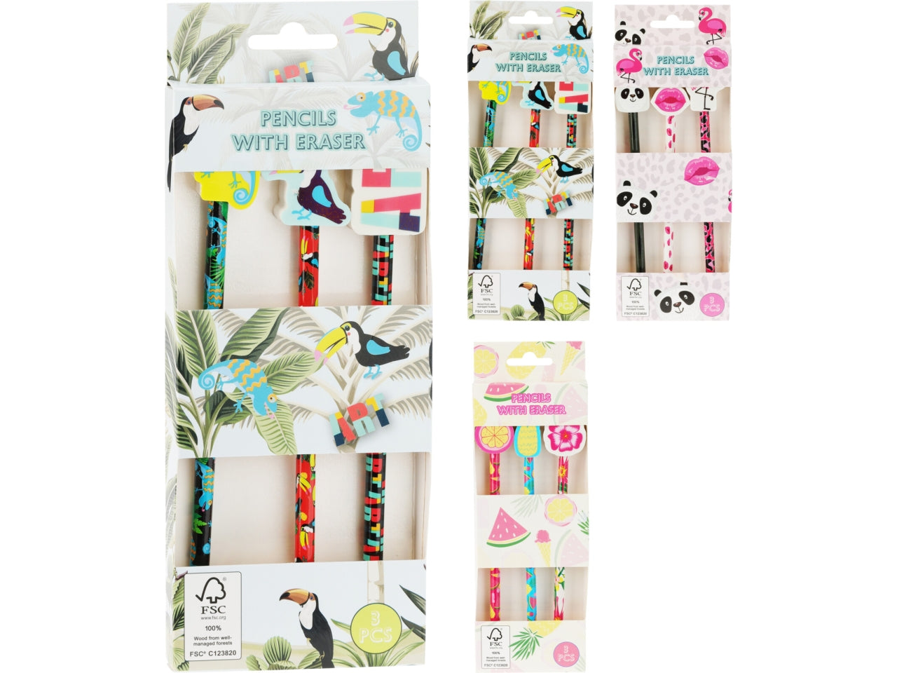 Set 3 matite con gomma in colori assortiti