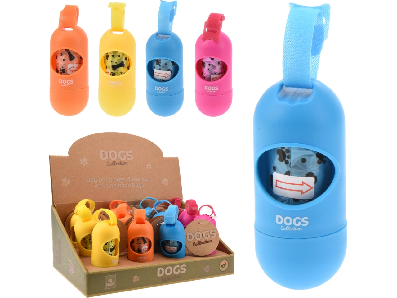 Custodia con 20 sacchetti cani in plastica - colori assortiti