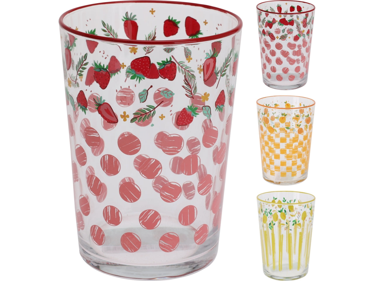 Bicchiere di vetro 510ml con decoro frutta in 3 assortimenti 6 pezzi