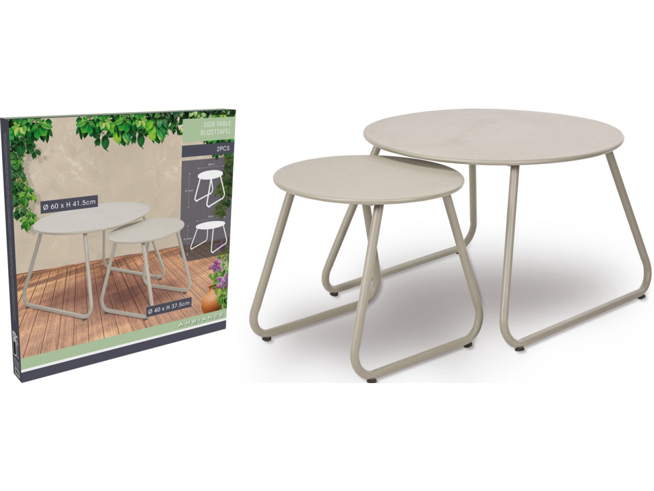 Set 2 tavolini in metallo da 40 e 60 cm di colore beige