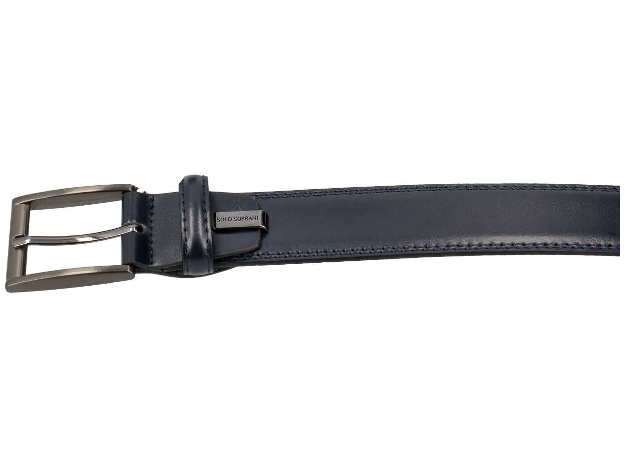 Cintura da uomo blu in pelle liscia con fibbia di metallo grigio scuro satinato, larghezza 3,5 cm in taglie assortite dalla 115 alla 130 cm - Solo Soprani