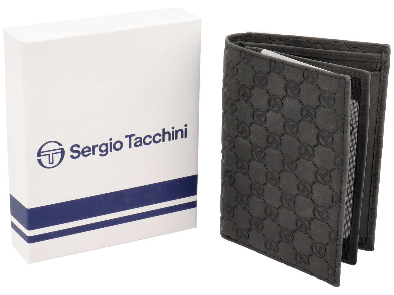 Portafoglio da uomo in pelle nero con logo, chiusura a libro, 12,5x9,5 cm - Sergio Tacchini
