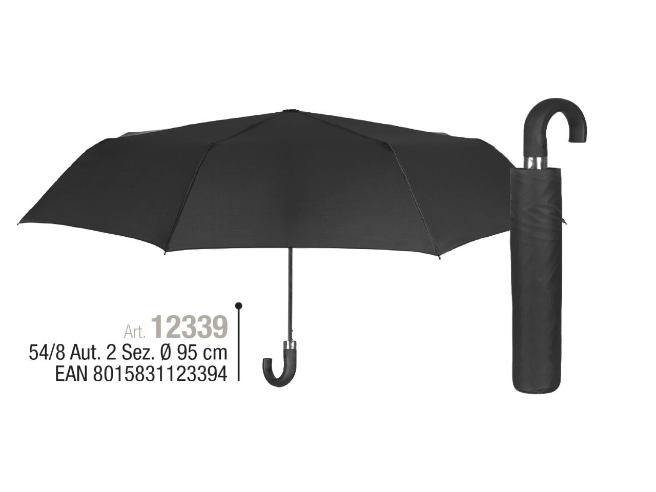 Ombrello mini da uomo 54cm 2 sezioni con apertura automatica colore nero impugnatura curva