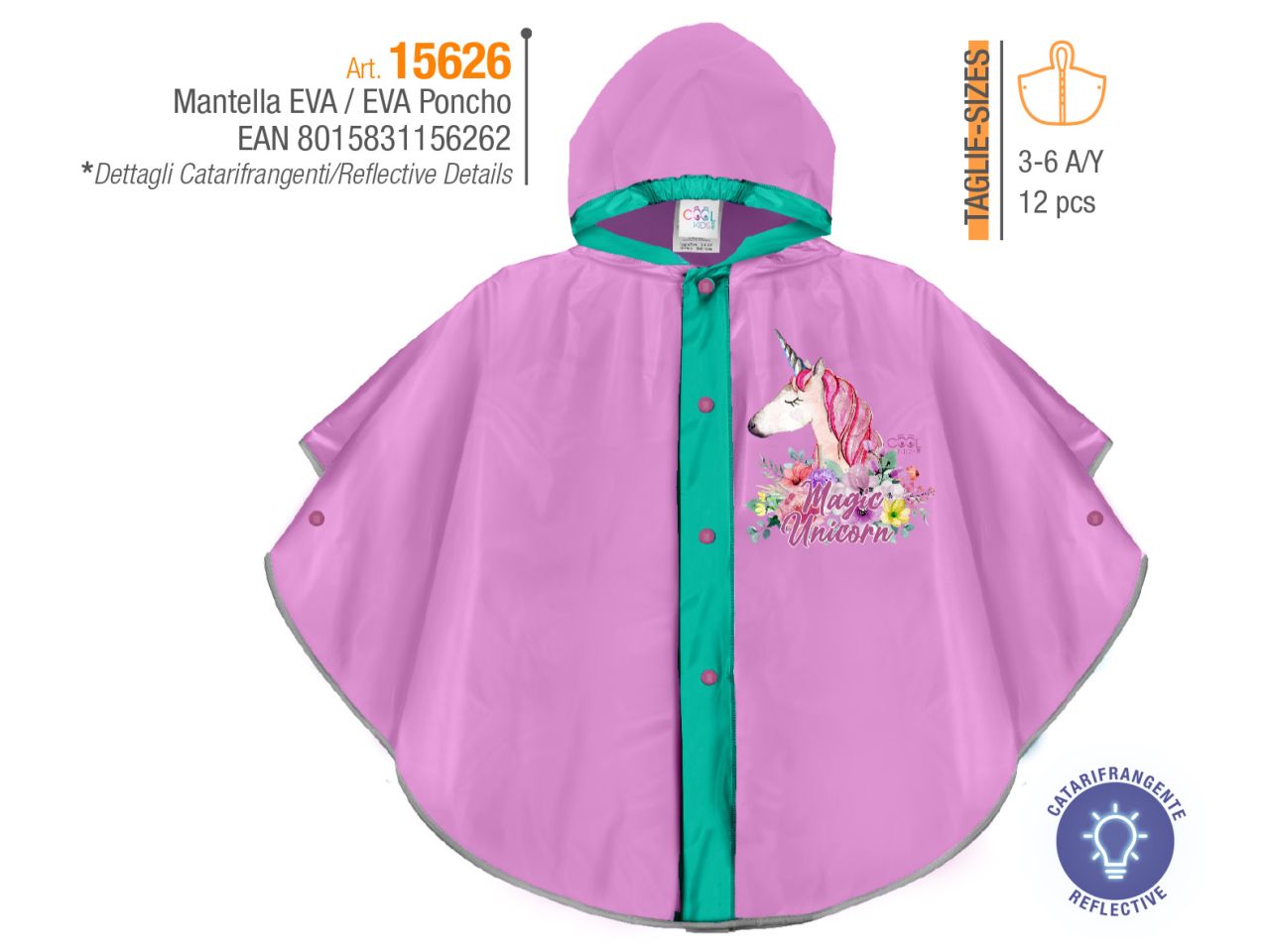 Poncho pioggia fantasia unicorno con bordo catarifrangente coolkids perletti