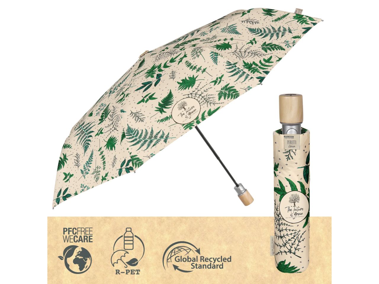Ombrello da donna mini con apertura automatica fantasia foglie perletti linea green