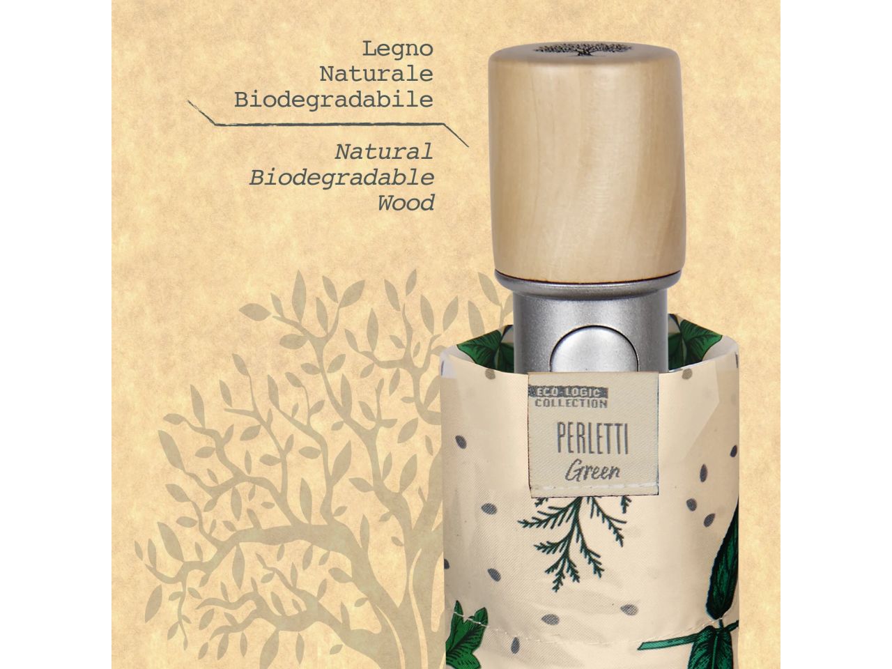 Ombrello da donna mini con apertura automatica fantasia foglie perletti linea green