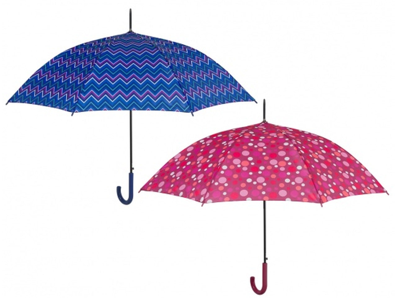 Ombrello da donna con apertura automatica blu e fucsia a fantasia zig zag e pois - Perletti