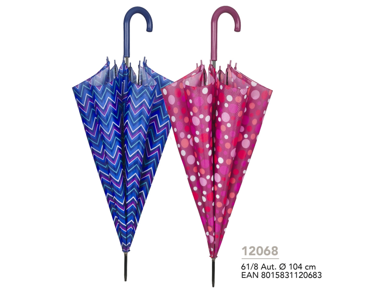 Ombrello da donna con apertura automatica blu e fucsia a fantasia zig zag e pois - Perletti