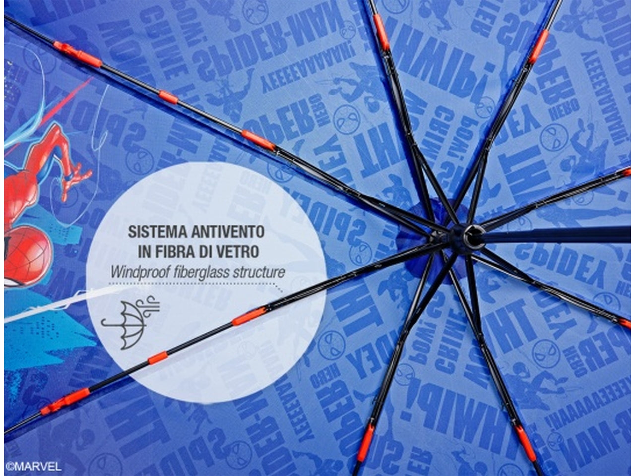 Ombrello tascabile Spiderman da bambino blu, apertura manuale - Perletti