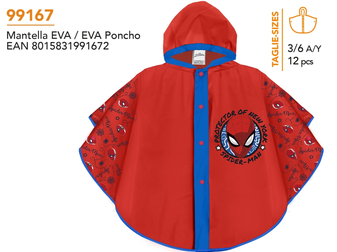 Poncho pioggia Spiderman per bambino rosso e blu in eva - Perletti