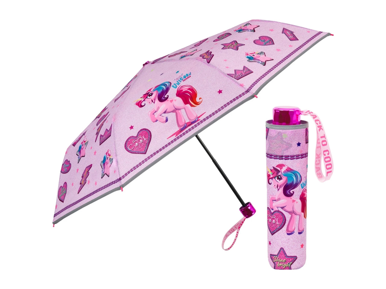 Ombrello tascabile da bambina con unicorni rosa, apertura manuale - Perletti