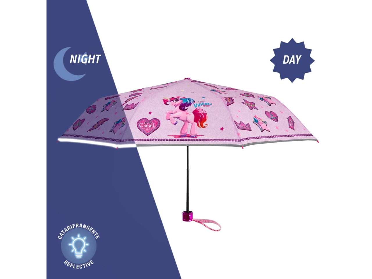 Ombrello tascabile da bambina con unicorni rosa, apertura manuale - Perletti