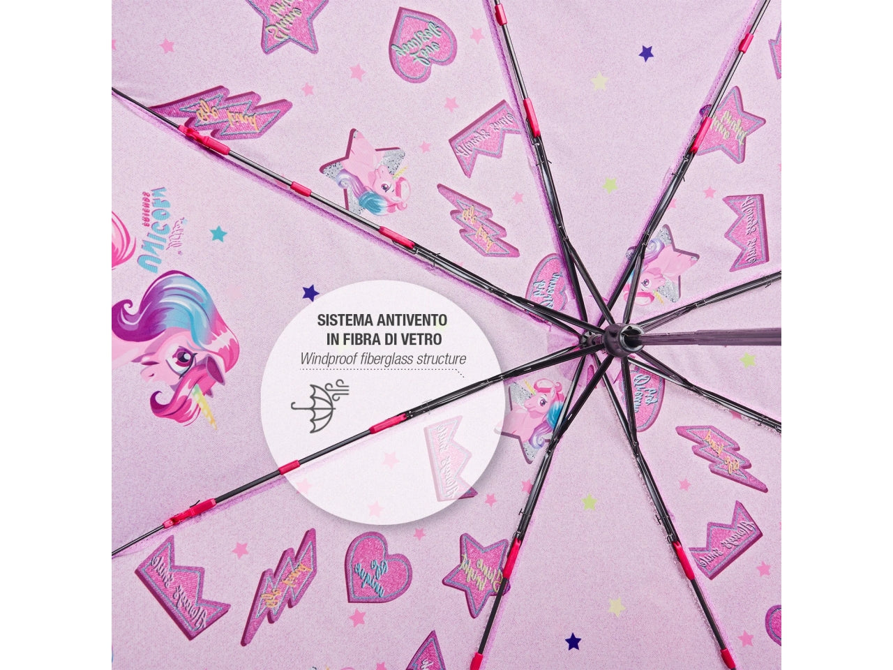 Ombrello tascabile da bambina con unicorni rosa, apertura manuale - Perletti