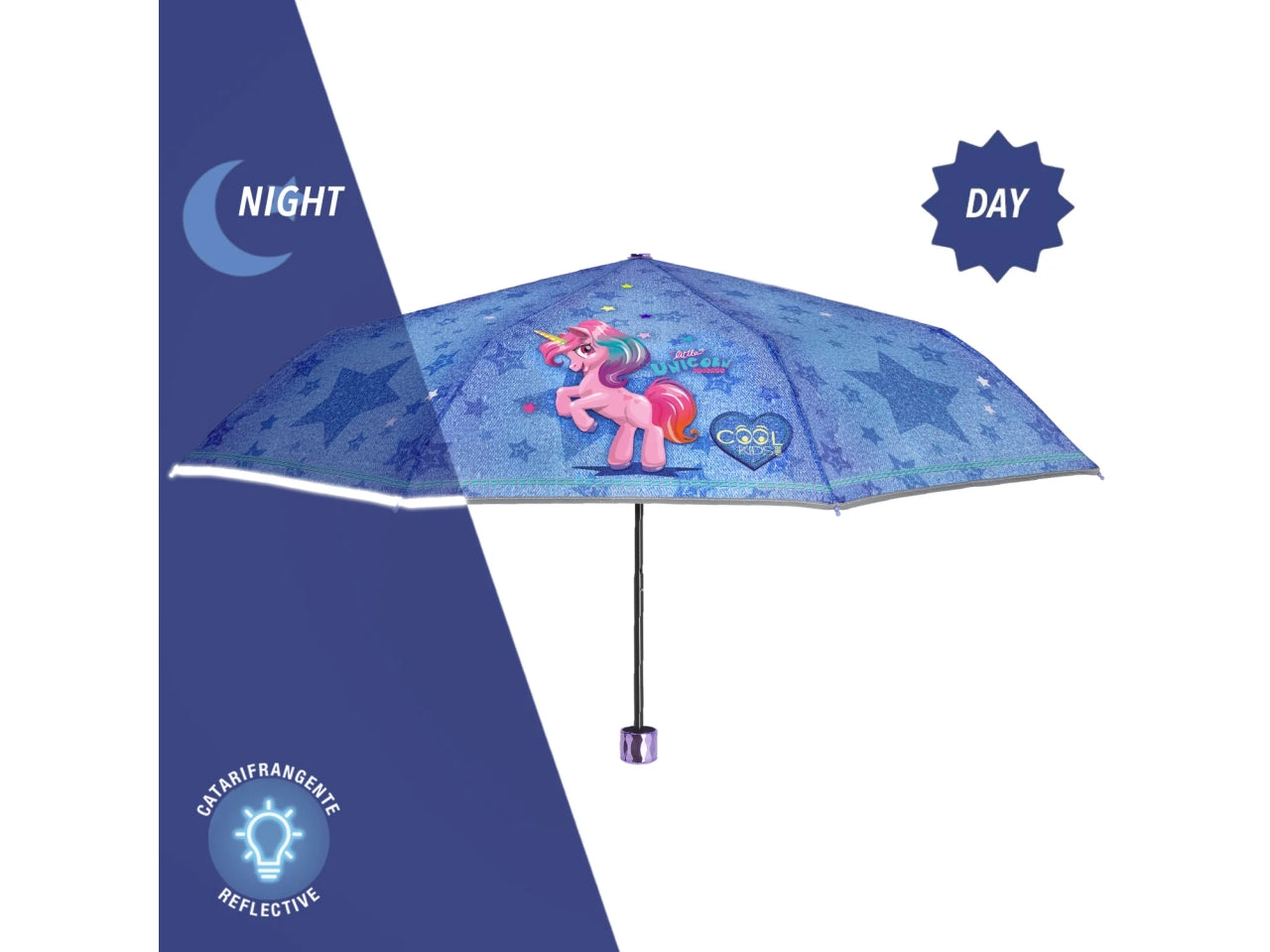 Ombrello tascabile da bambina con unicorni blu jeans, apertura manuale - Perletti