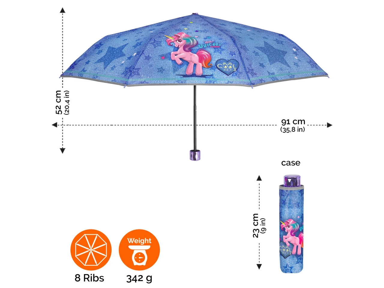 Ombrello tascabile da bambina con unicorni blu jeans, apertura manuale - Perletti