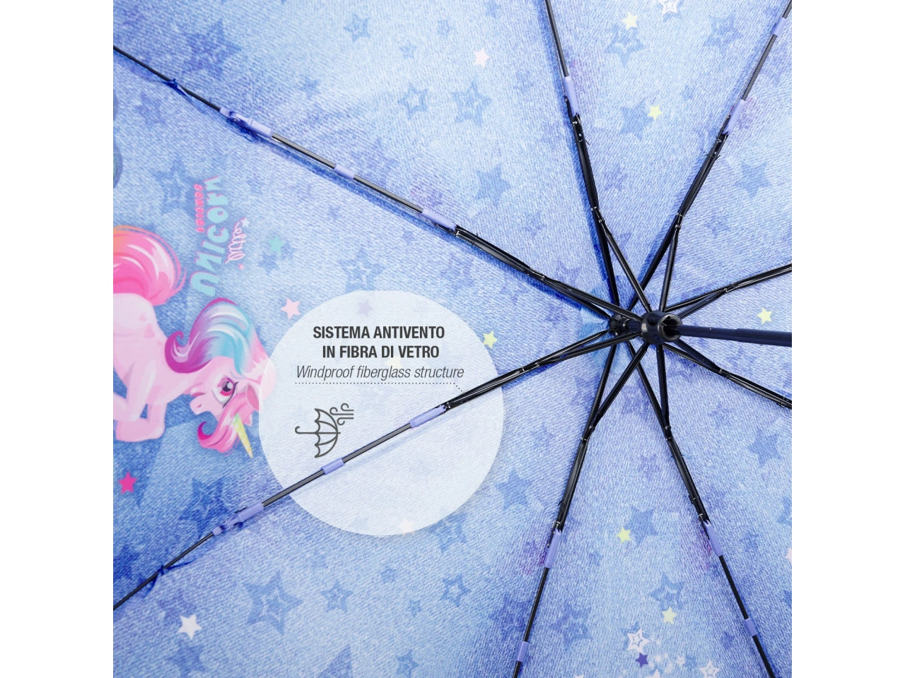 Ombrello tascabile da bambina con unicorni blu jeans, apertura manuale - Perletti