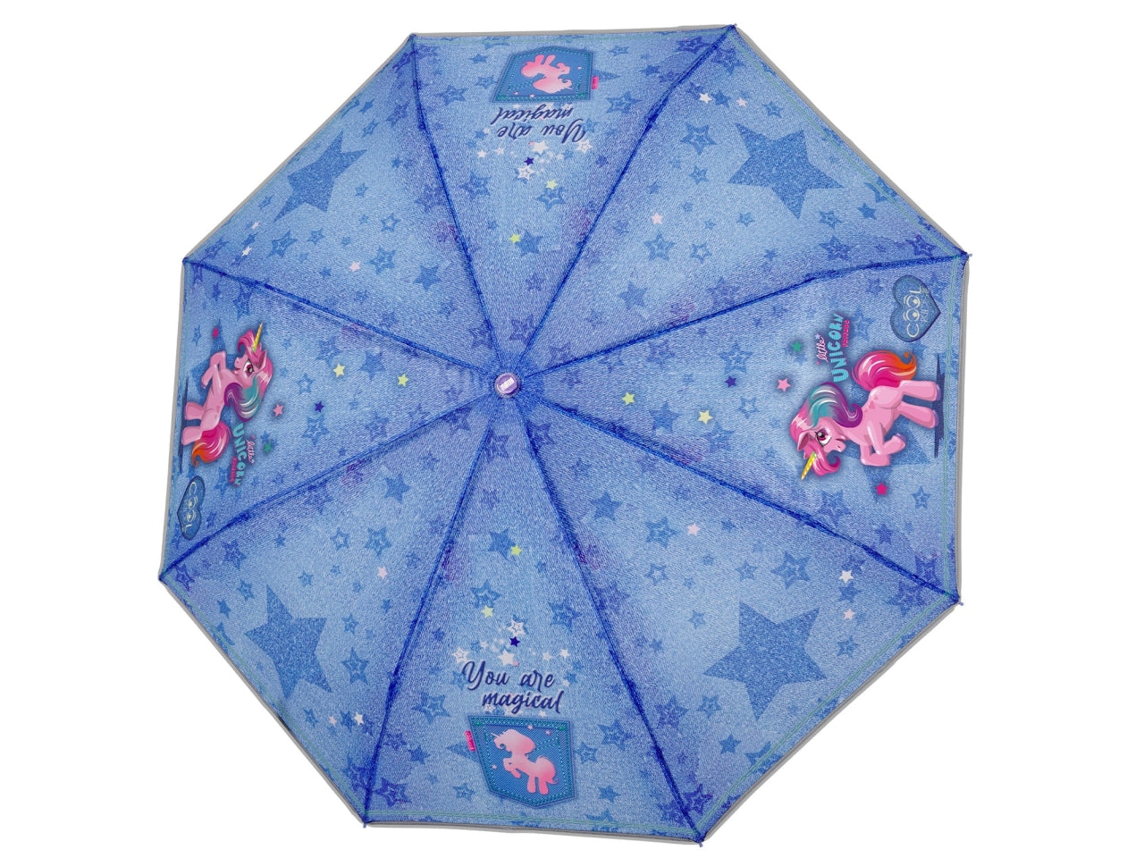 Ombrello tascabile da bambina con unicorni blu jeans, apertura manuale - Perletti