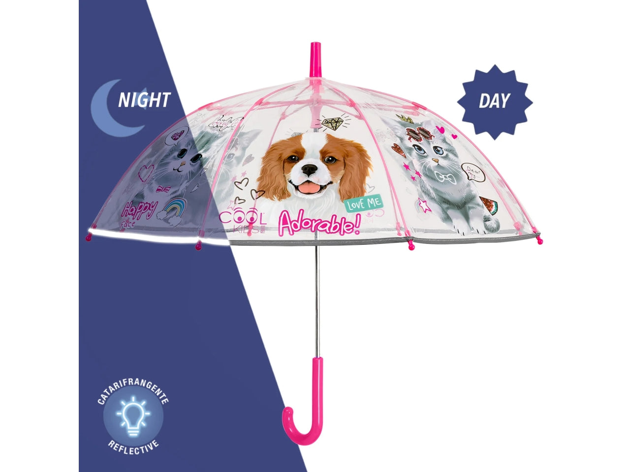 Ombrello con cani e gatti per bambina con apertura automatica trasparente - Perletti