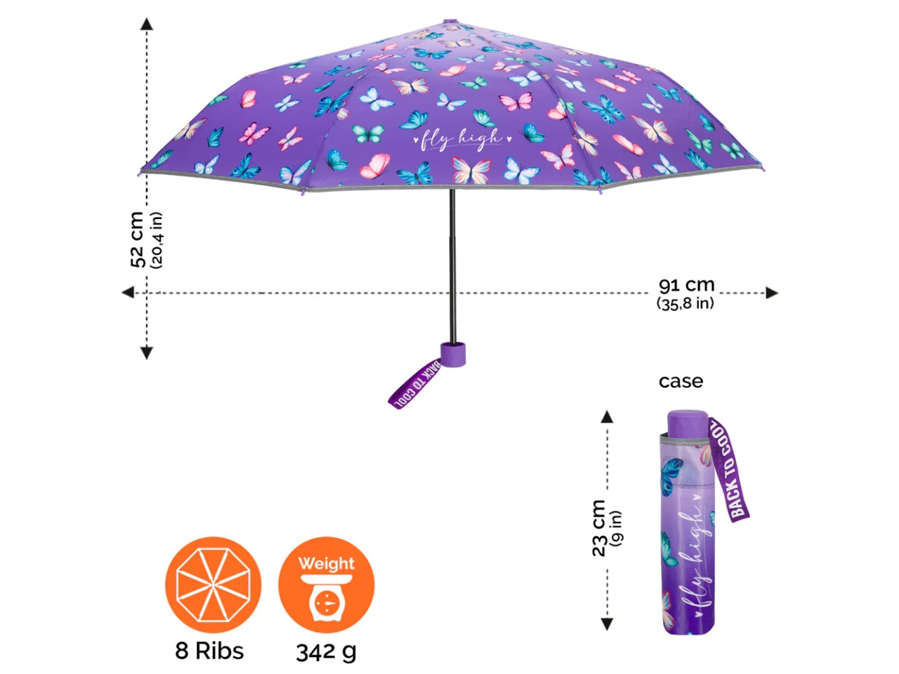Ombrello tascabile da ragazza con farfalle viola, apertura manuale - Perletti