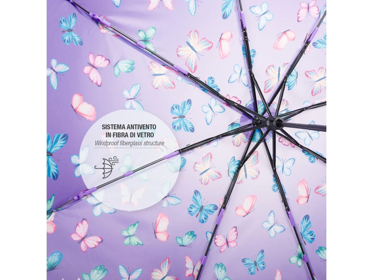Ombrello tascabile da ragazza con farfalle viola, apertura manuale - Perletti