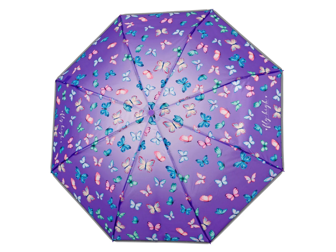 Ombrello tascabile da ragazza con farfalle viola, apertura manuale - Perletti