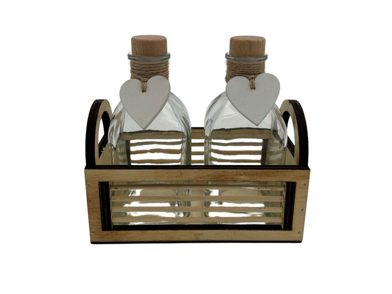 Cestino in legno con bottiglia doppia 16x16cm